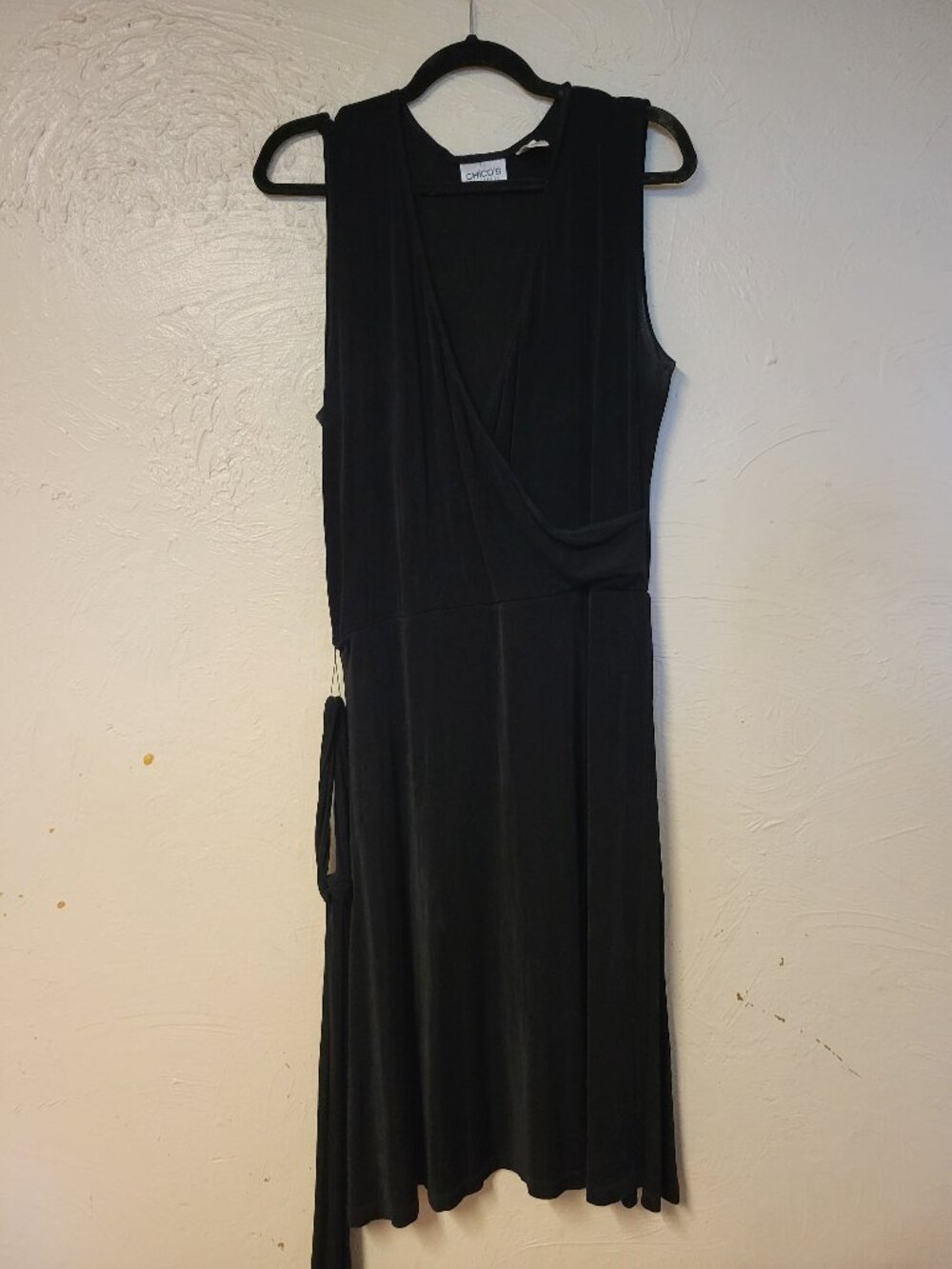 Chico's Travelers 3 XL Blk Midi Dress Twist V Neck Sleeveless Slinky #150